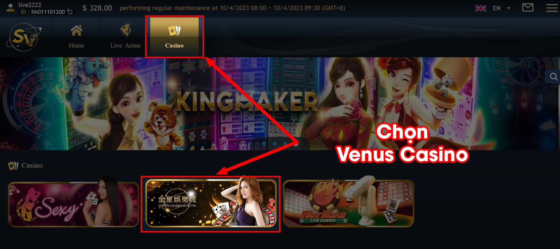 2️⃣ Đăng nhập sảnh Venus Casino